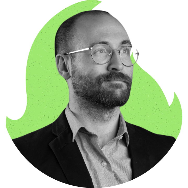 Bearded client portrait on a green flame silhouette