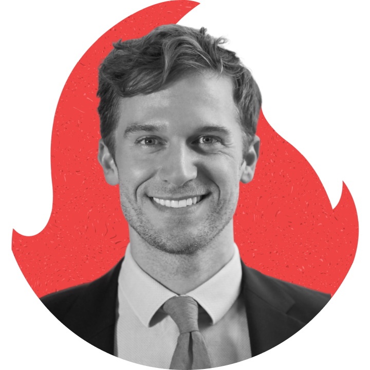 Smiling client portrait on a red flame silhouette